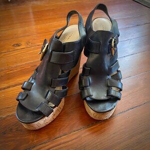 COACH US 7.5M BLACK LEATHER CORK PLATFORM 5" WEDGE HEELS SANDALS ITALY